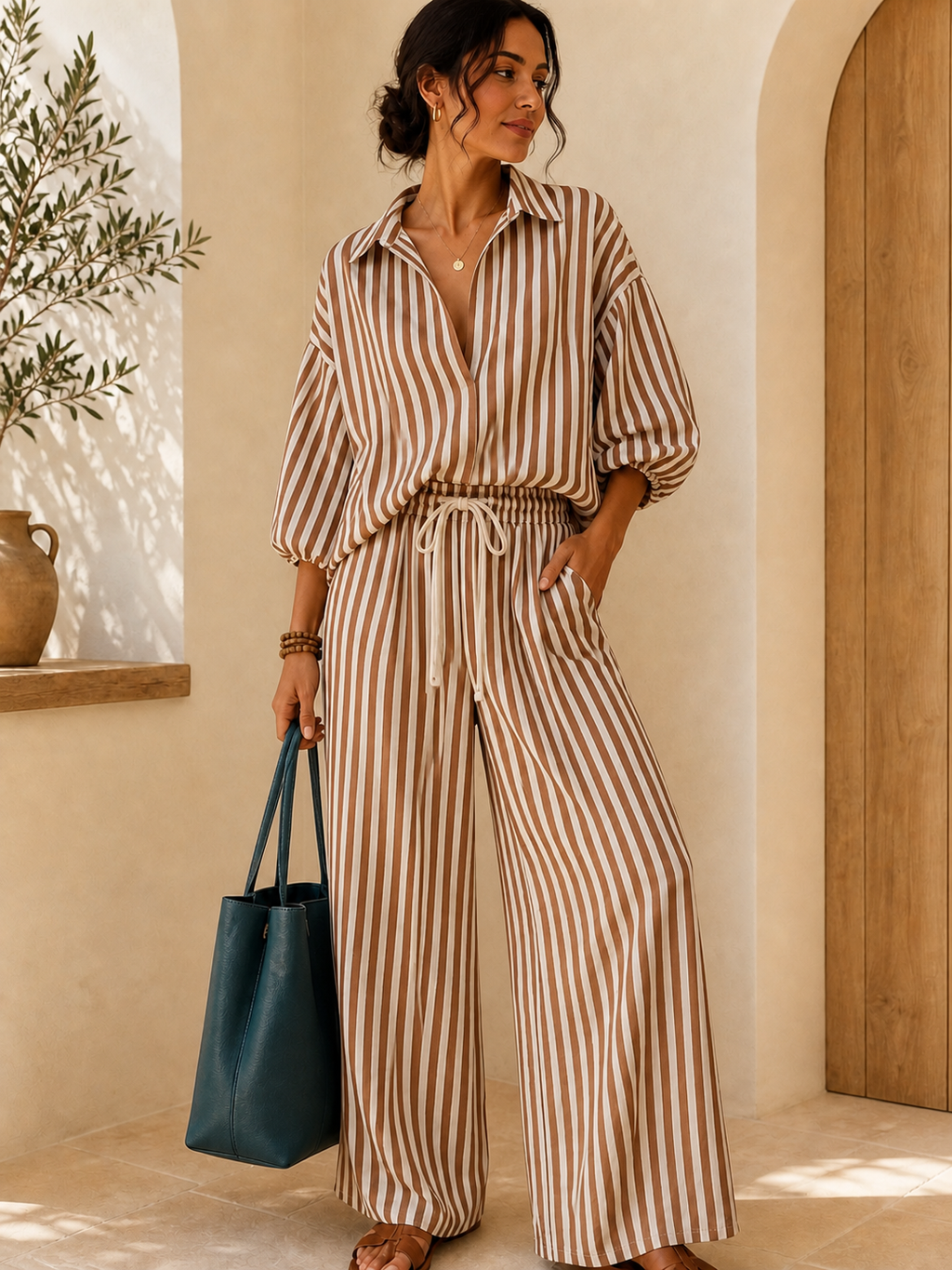 Striped Puff-Sleeve Shirt & Wide-Leg Pants Set
