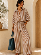 Striped Puff-Sleeve Shirt & Wide-Leg Pants Set