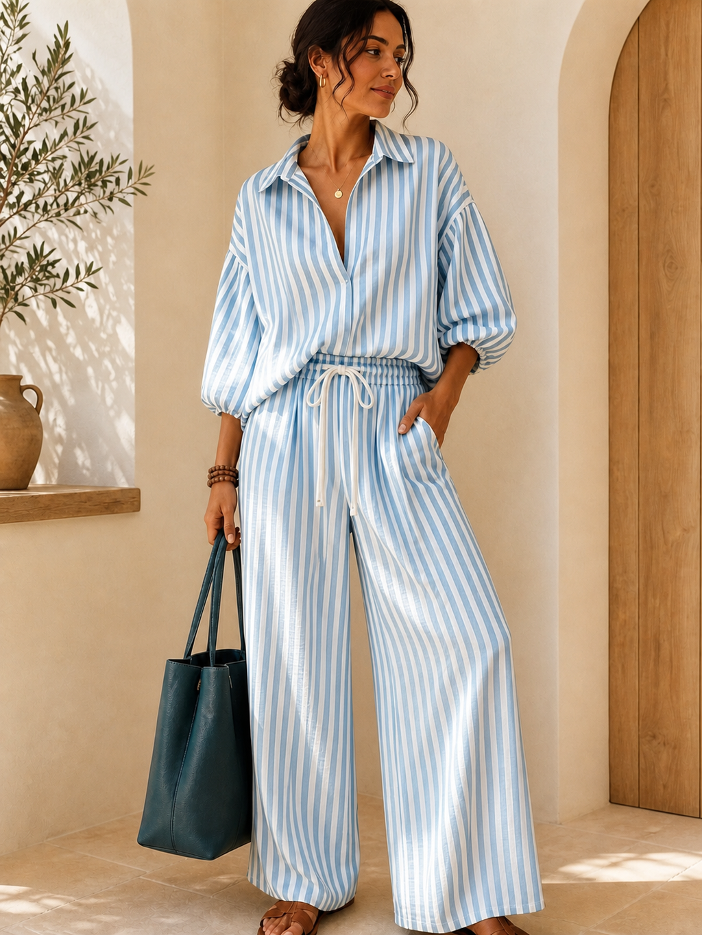 Striped Puff-Sleeve Shirt & Wide-Leg Pants Set