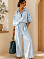 Striped Puff-Sleeve Shirt & Wide-Leg Pants Set
