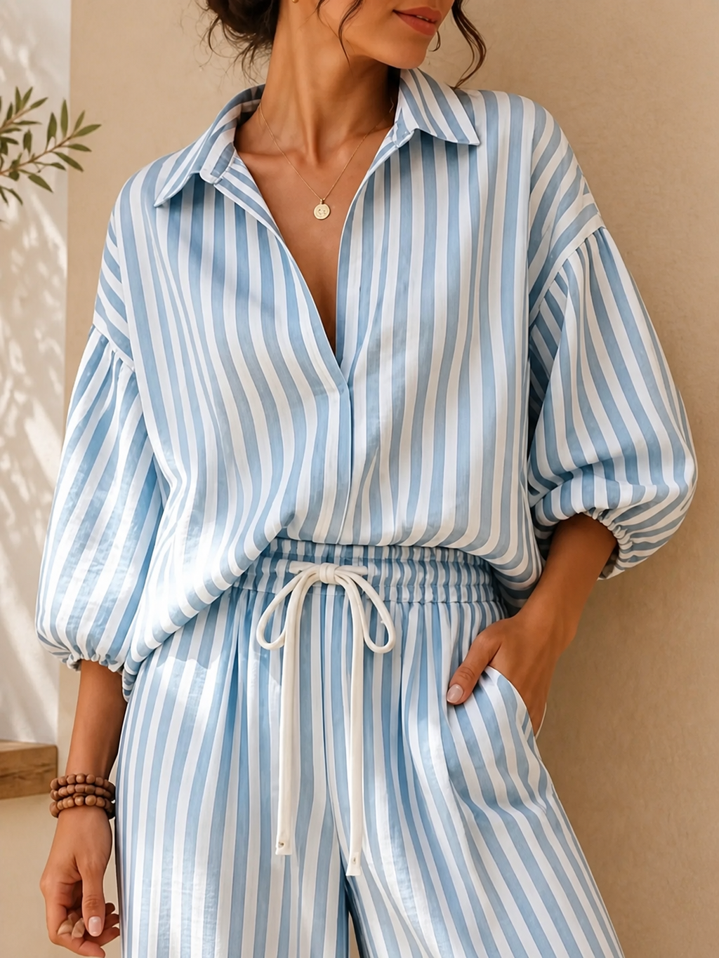 Striped Puff-Sleeve Shirt & Wide-Leg Pants Set