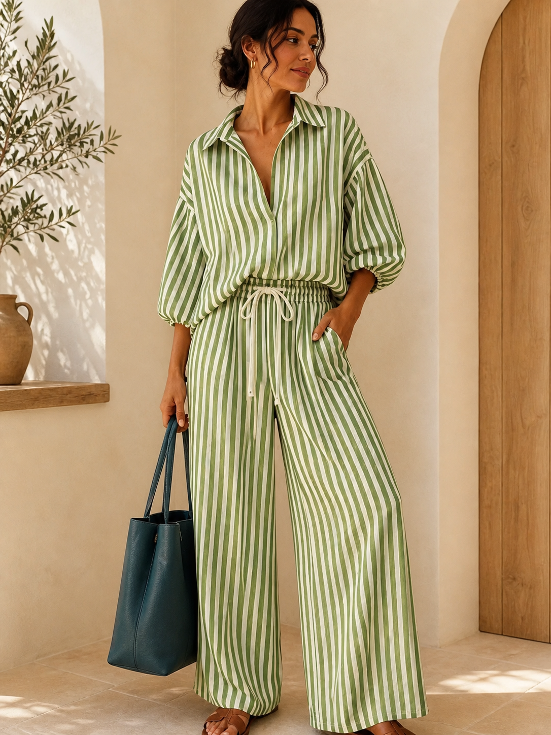 Striped Puff-Sleeve Shirt & Wide-Leg Pants Set