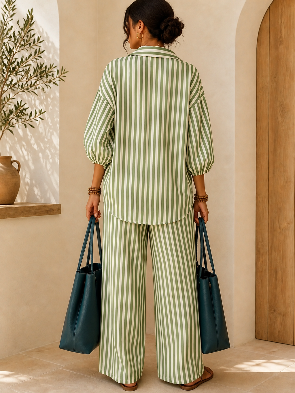 Striped Puff-Sleeve Shirt & Wide-Leg Pants Set