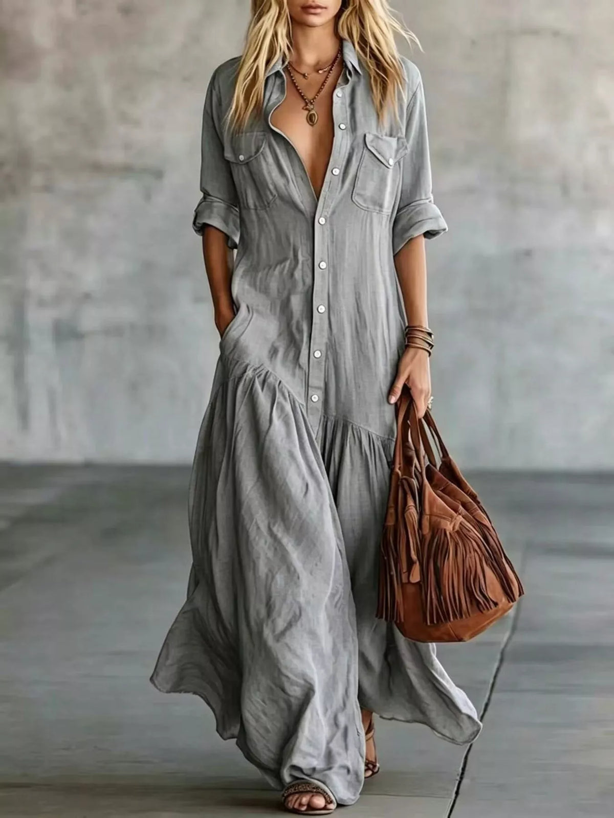 Gray button-front maxi shirt dress with rolled sleeves and pockets shown in a front styled view