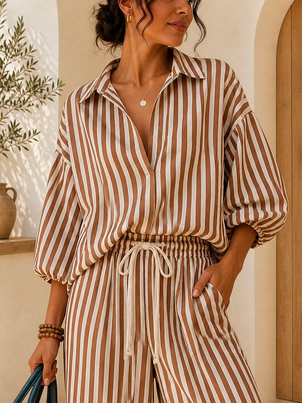 Striped Puff-Sleeve Shirt & Wide-Leg Pants Set