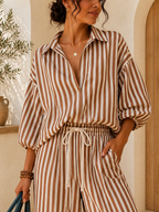 Striped Puff-Sleeve Shirt & Wide-Leg Pants Set