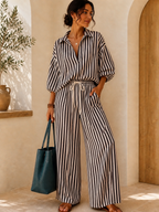 Striped Puff-Sleeve Shirt & Wide-Leg Pants Set