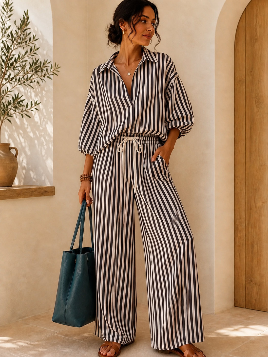 Striped Puff-Sleeve Shirt & Wide-Leg Pants Set