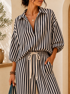 Striped Puff-Sleeve Shirt & Wide-Leg Pants Set