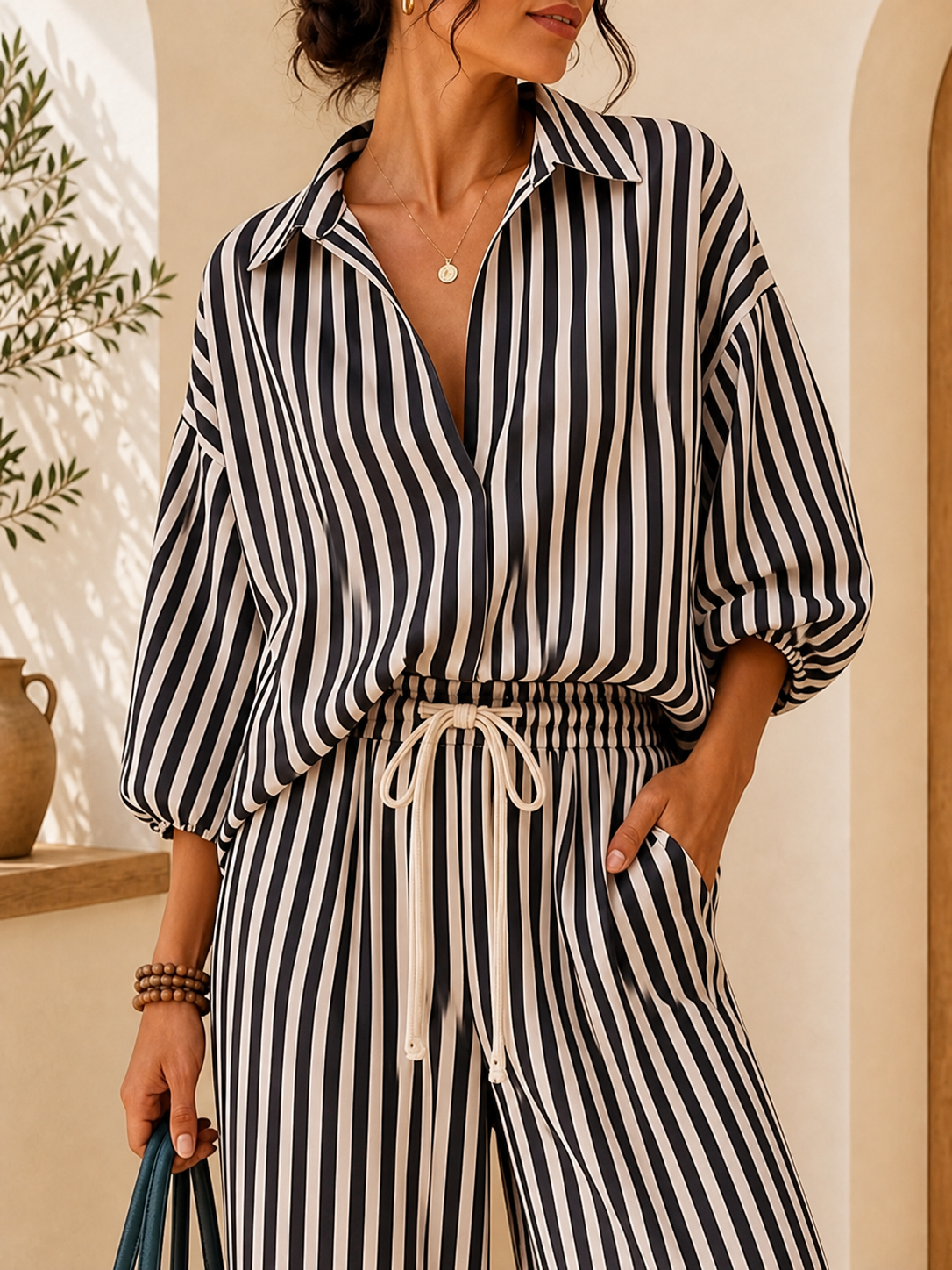 Striped Puff-Sleeve Shirt & Wide-Leg Pants Set