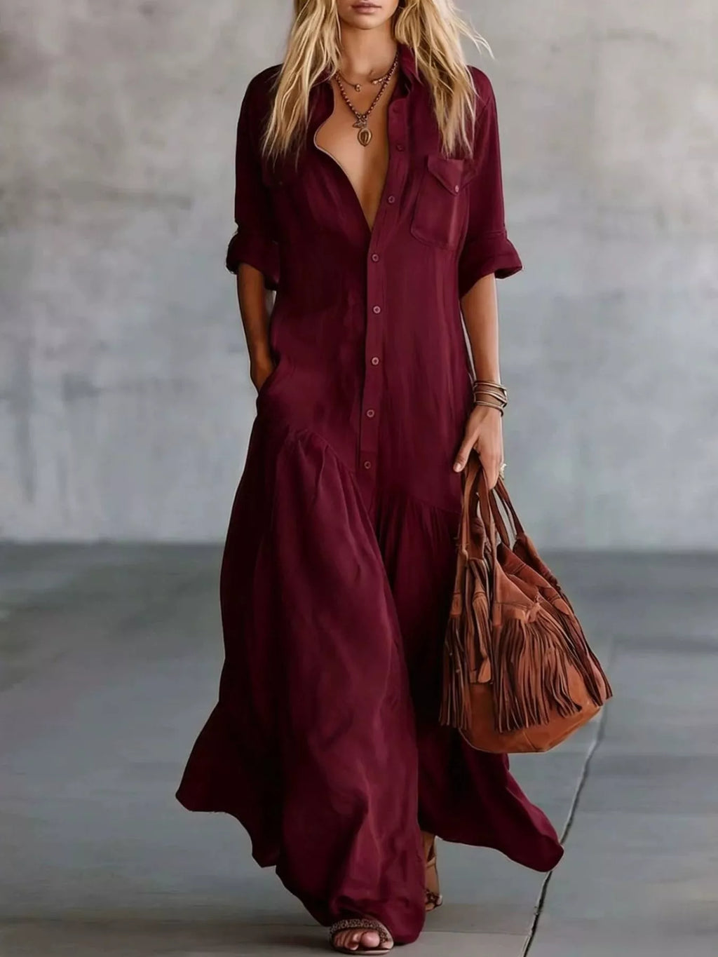 Burgundy button-front maxi shirt dress with rolled sleeves and pockets shown in a front styled view
