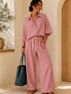 Striped Puff-Sleeve Shirt & Wide-Leg Pants Set