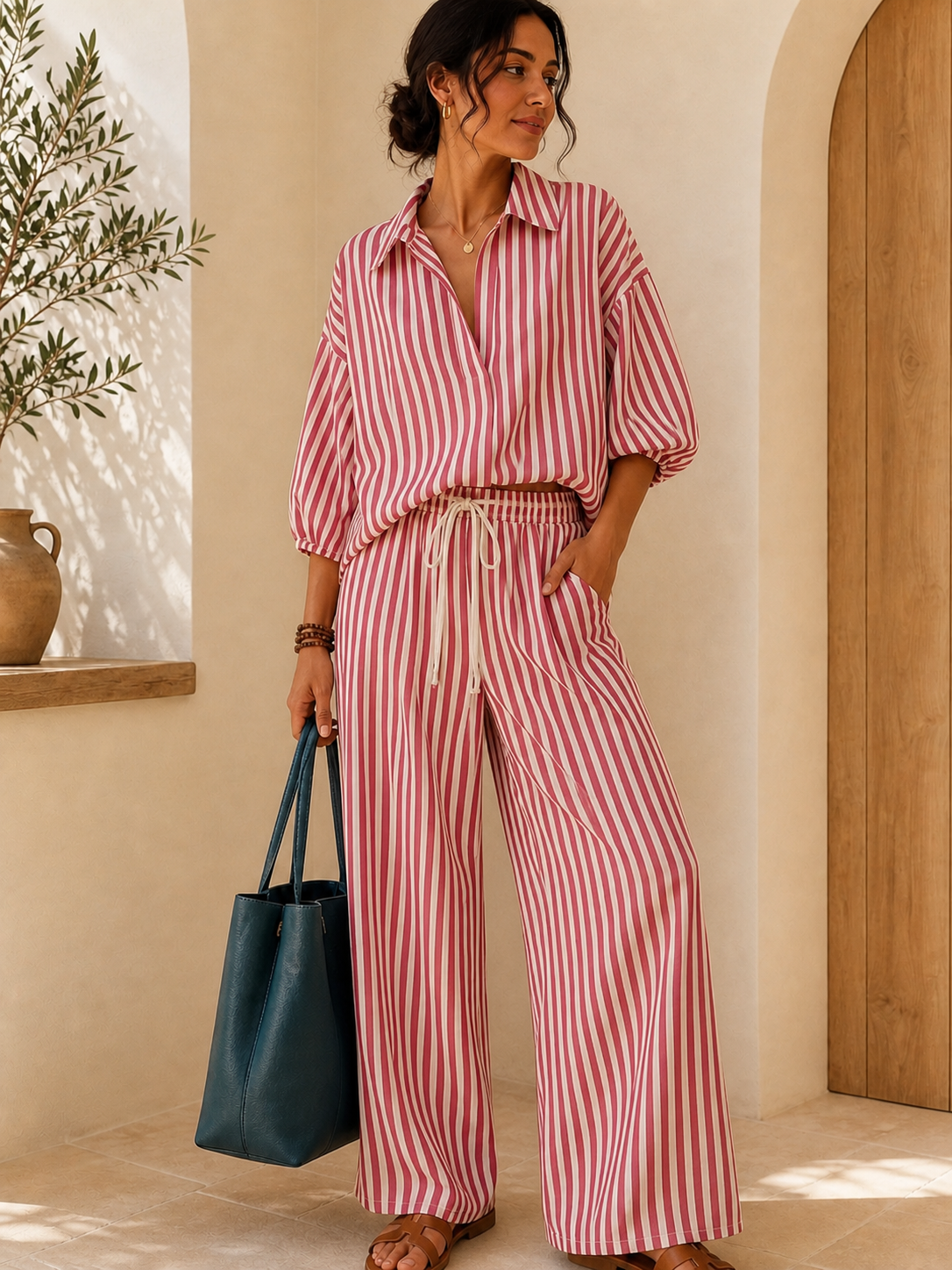 Striped Puff-Sleeve Shirt & Wide-Leg Pants Set