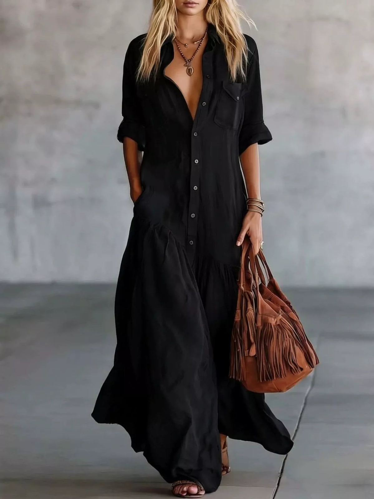 Black button-front maxi shirt dress with rolled sleeves and pockets shown in a front styled view