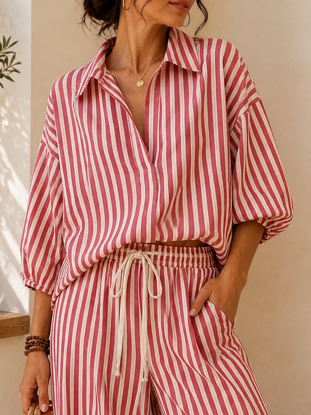 Striped Puff-Sleeve Shirt & Wide-Leg Pants Set