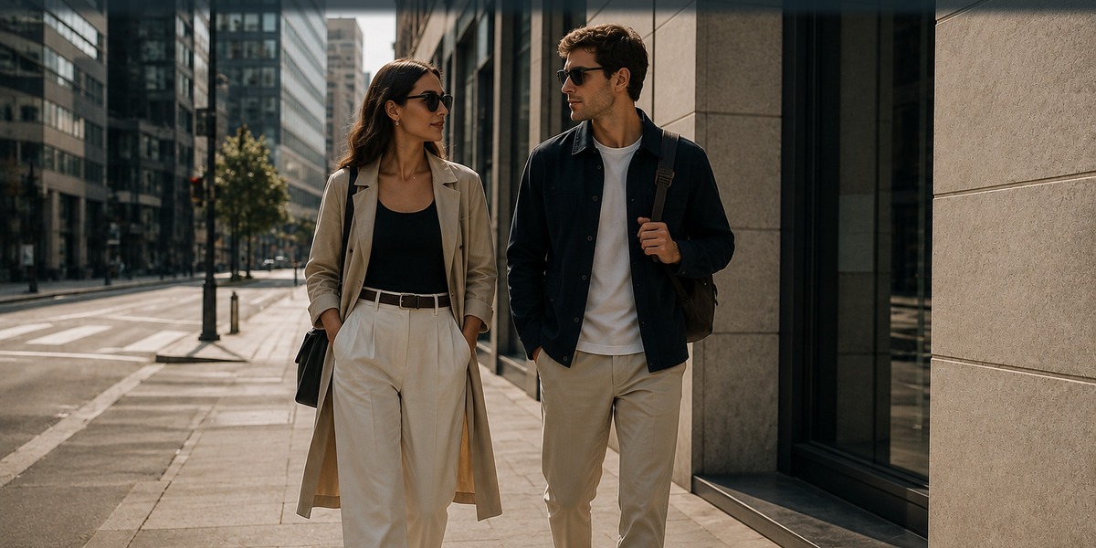 A woman and man in versatile everyday outfits on a city street.
