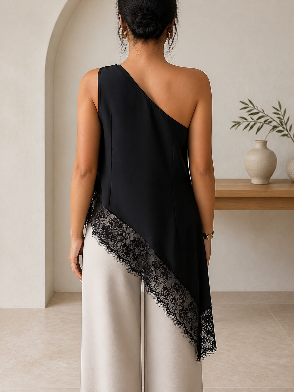Black Asymmetrical One-Shoulder Lace-Trim Top