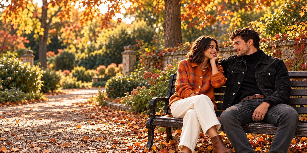 A woman in an orange plaid cardigan and a man in black layers sitting together on an autumn park bench.